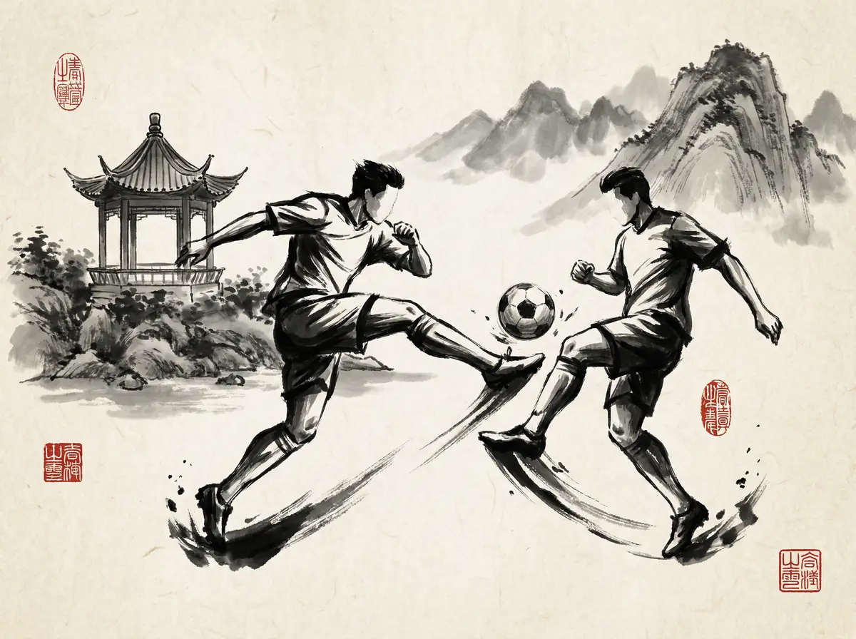 水墨风格渲染的足球比赛激烈争抢瞬间